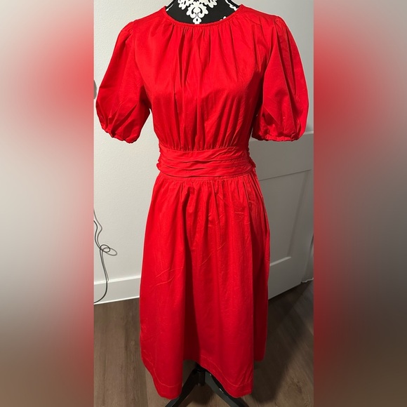 Free Assembly Red Cotton Bow Wrap Around Tie Midi Dress with Puff Sleeves - Picture 6 of 14